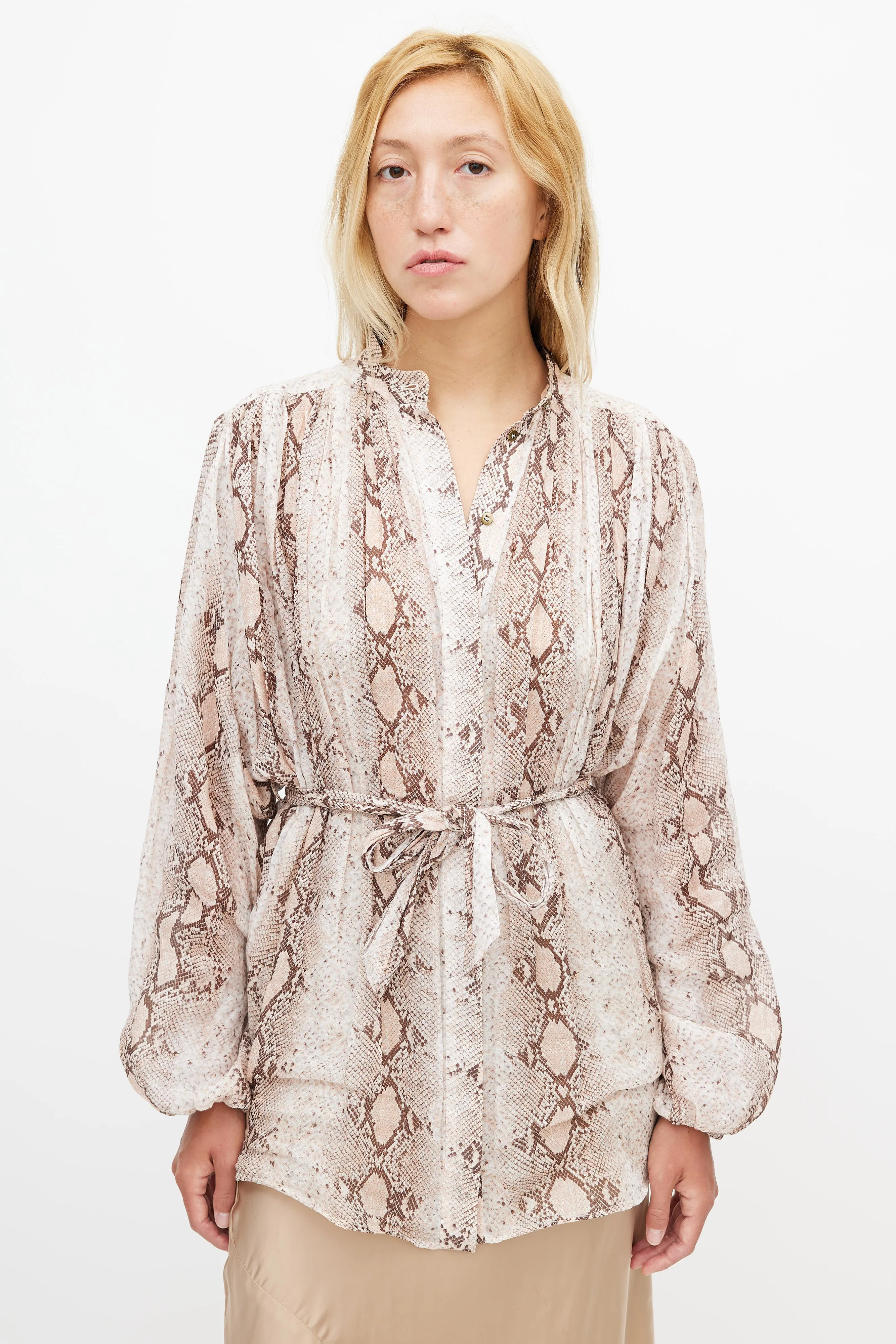 Beige & Brown Patterned Belted Shirt