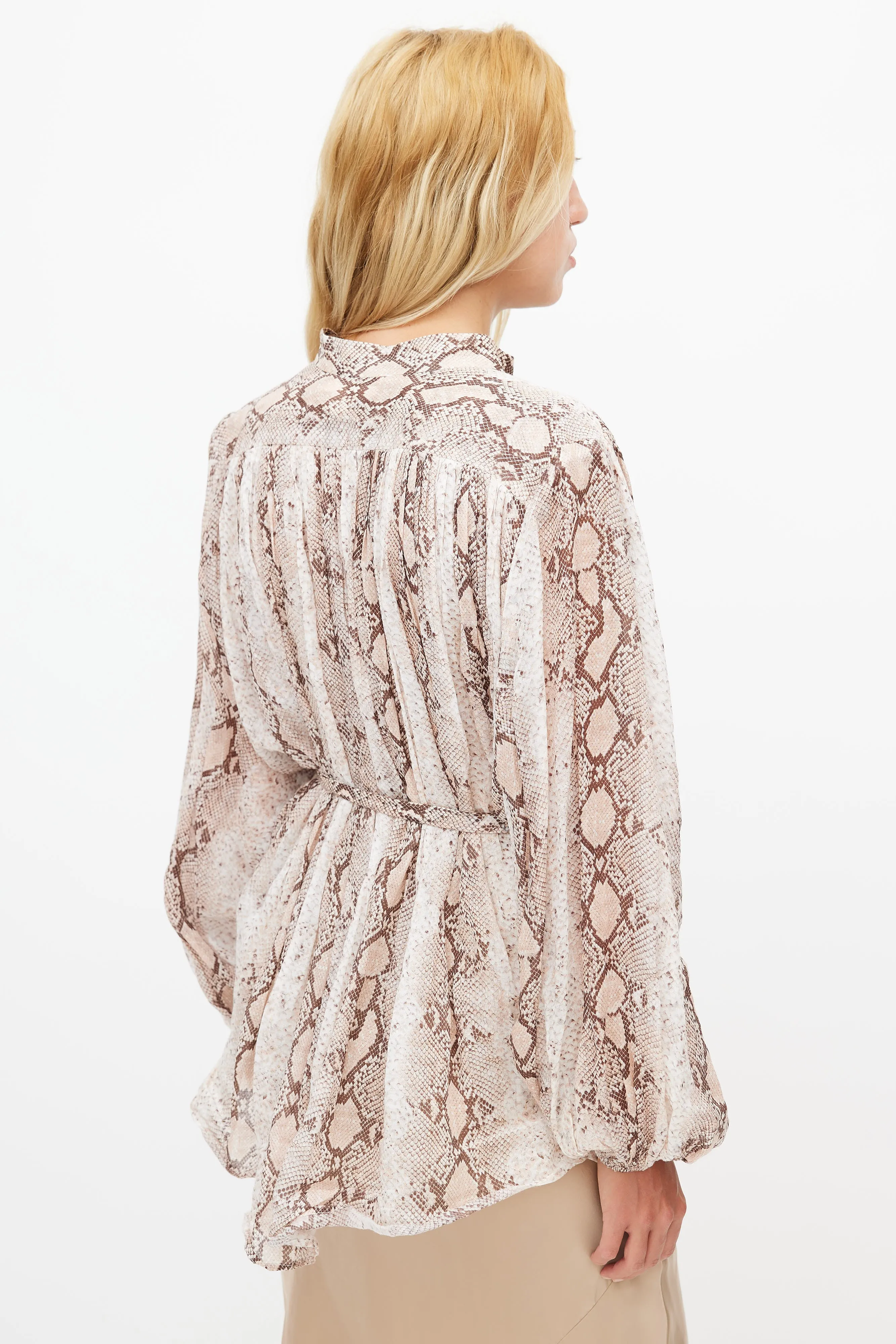 Beige & Brown Patterned Belted Shirt