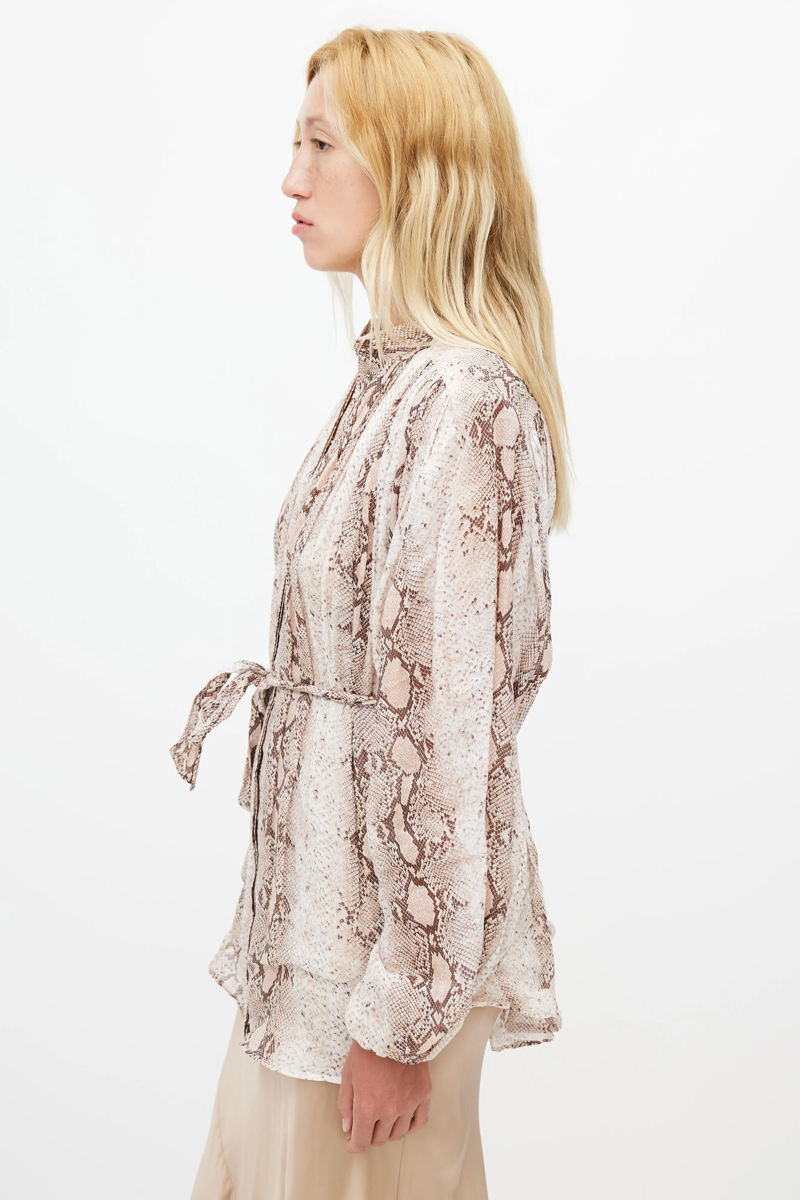Beige & Brown Patterned Belted Shirt