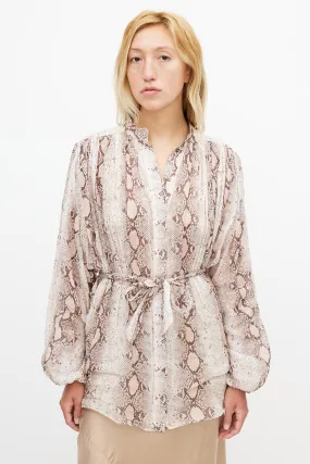 Beige & Brown Patterned Belted Shirt
