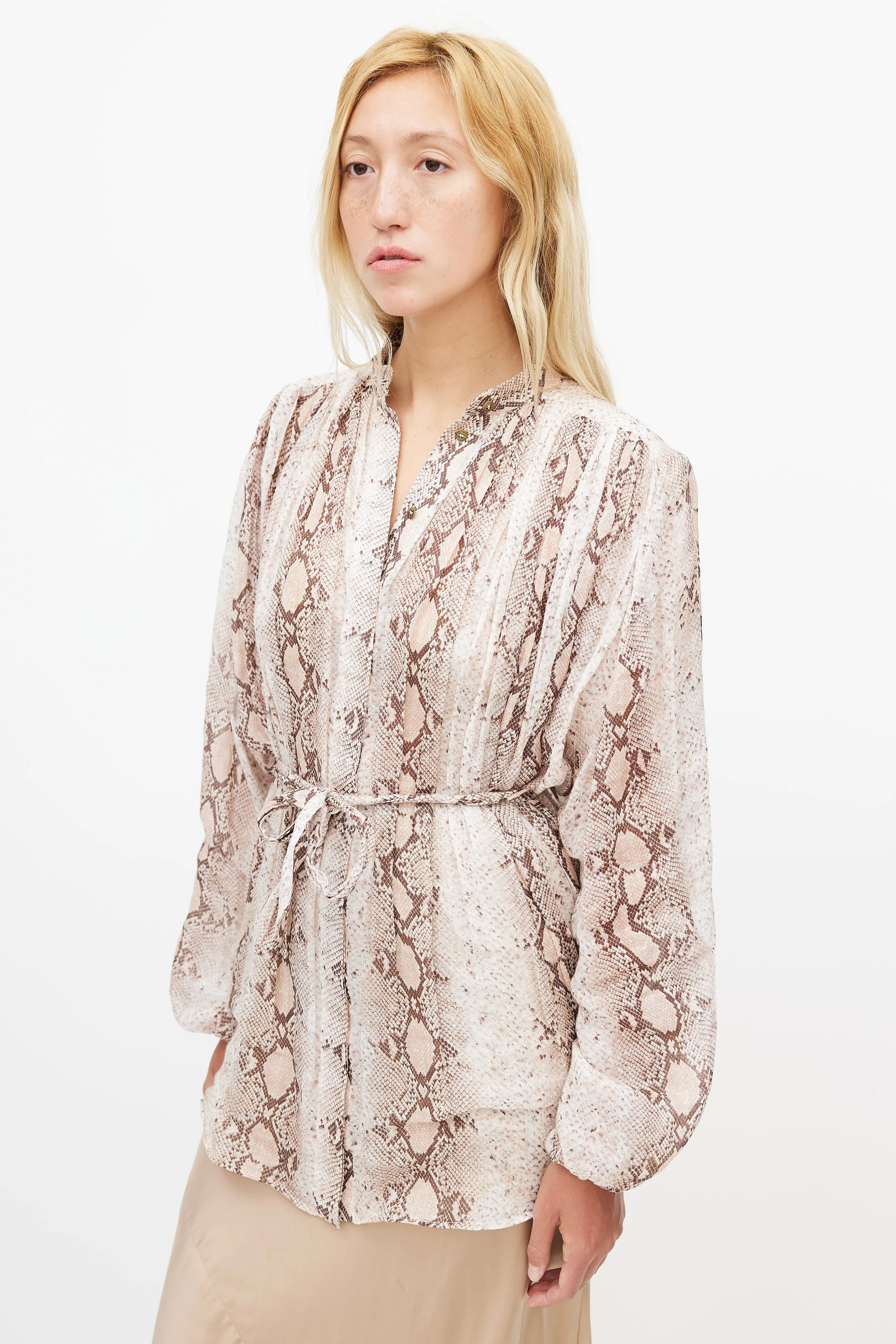 Beige & Brown Patterned Belted Shirt