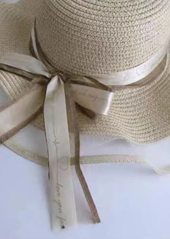 DIY Beige Bow Straw Woven Beach Holiday Floppy Sun Hat LC0550
