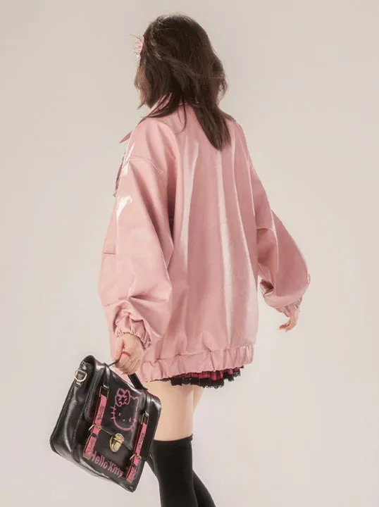 Jacket Retro Pink Design Leather Buckle Zip