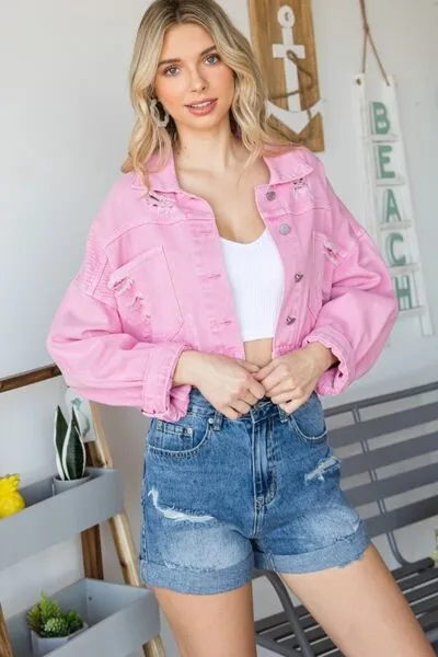 ONLINE EXCLUSIVE Fringe Distressed Button Up Denim Jacket