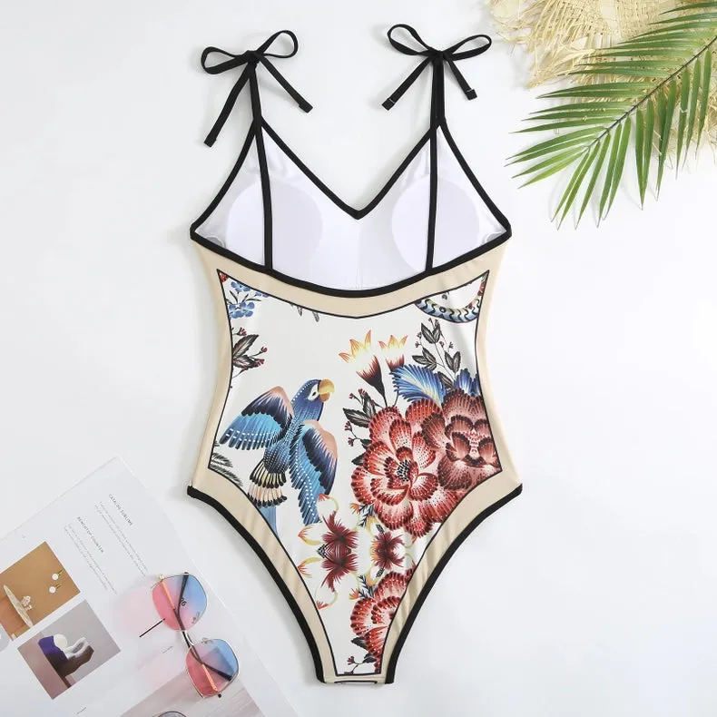 Oriental Print Plunge One Piece Swimsuit Sarong Black