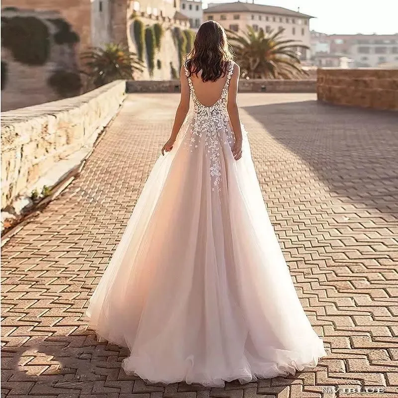 Sexy Wedding Dresses New V Neck A-Line Backless 3D Floral Lace