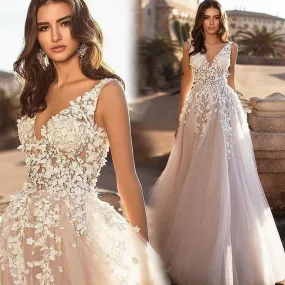 Sexy Wedding Dresses New V Neck A-Line Backless 3D Floral Lace