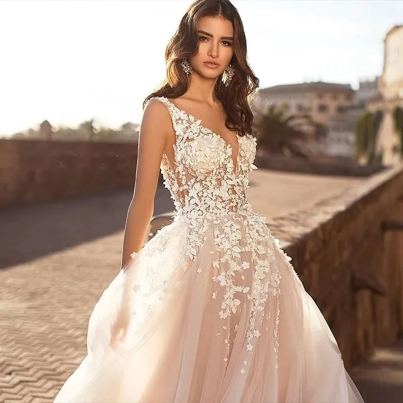 Sexy Wedding Dresses New V Neck A-Line Backless 3D Floral Lace