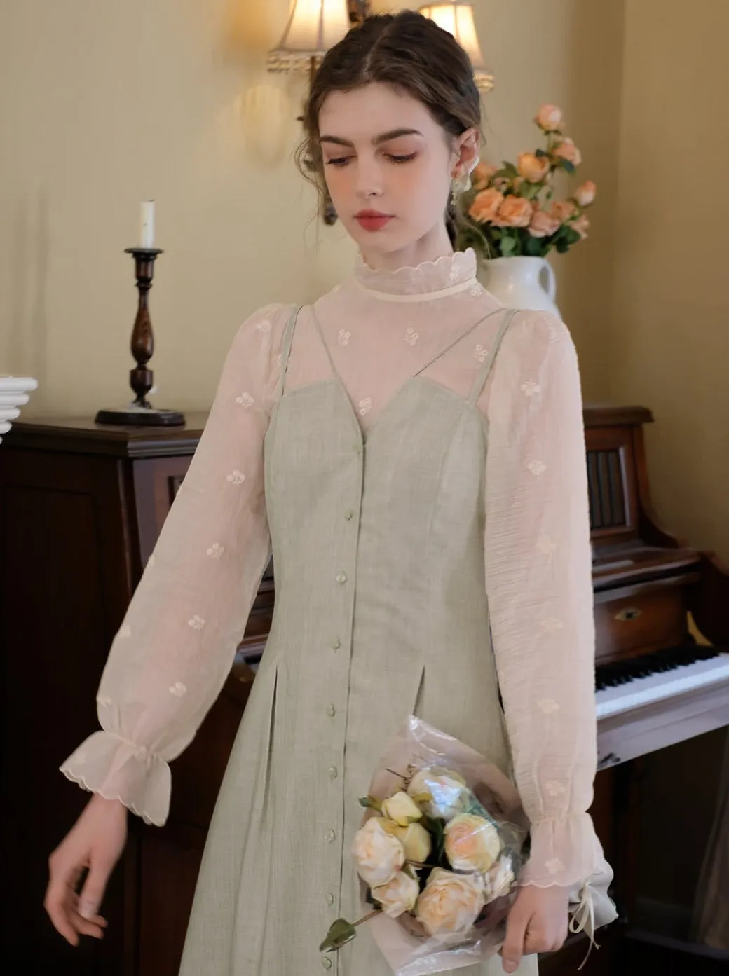 Skirt Flower Retro Blouse   Camisole Sheer