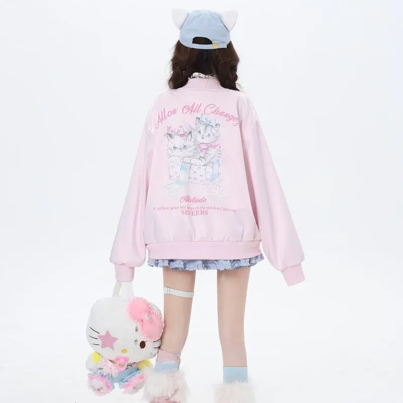 Sweet Japanese Dopamine Style Cartoon Cat print Coat
