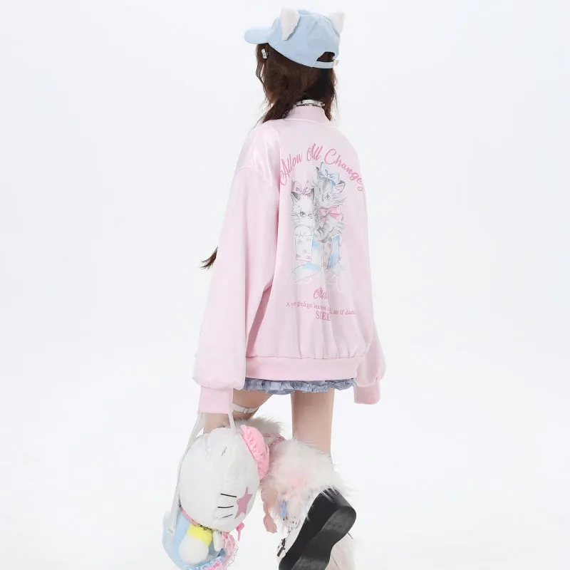 Sweet Japanese Dopamine Style Cartoon Cat print Coat