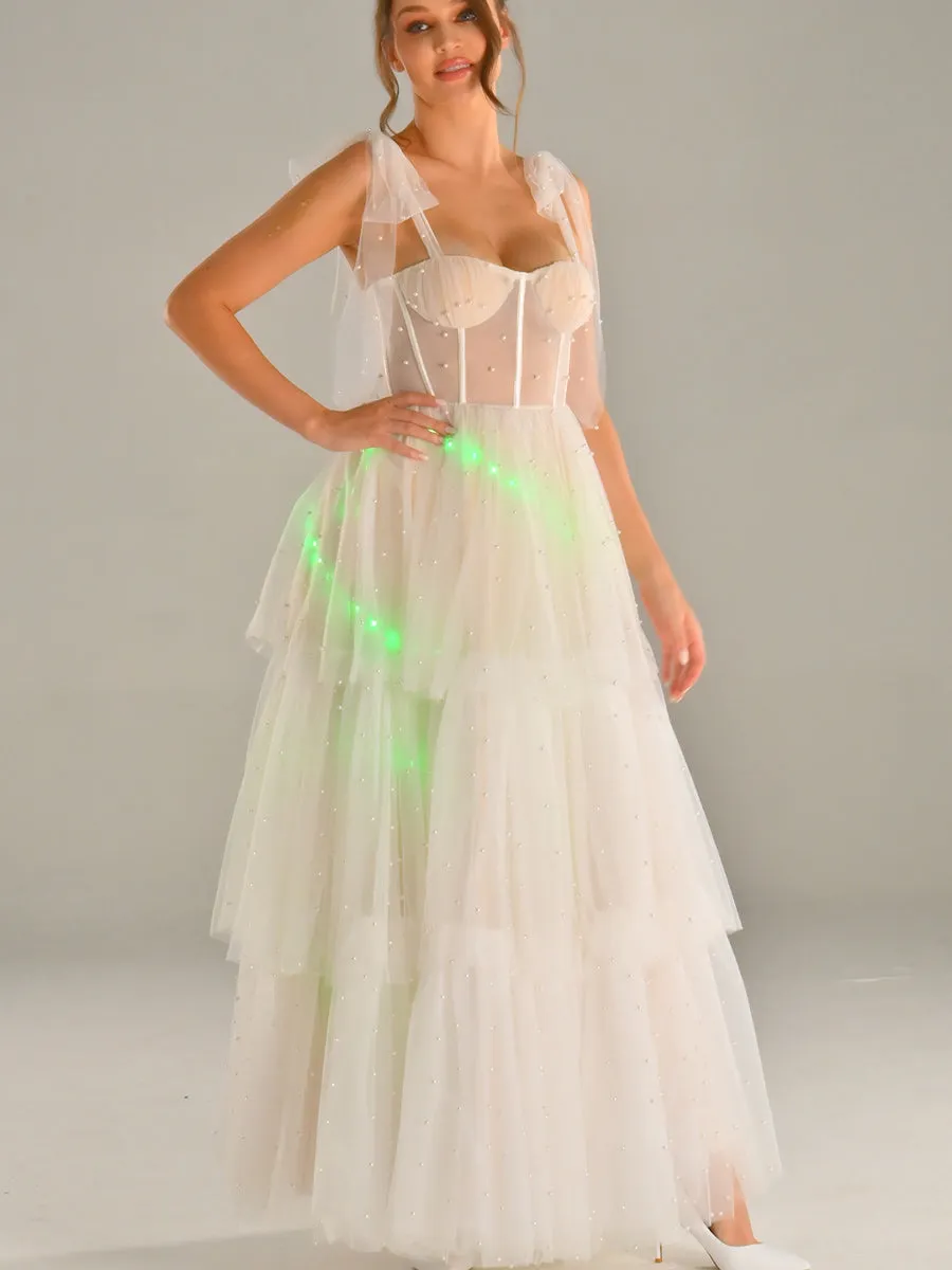 Tulle Tie Shoulder Wedding Dress Layered A-line