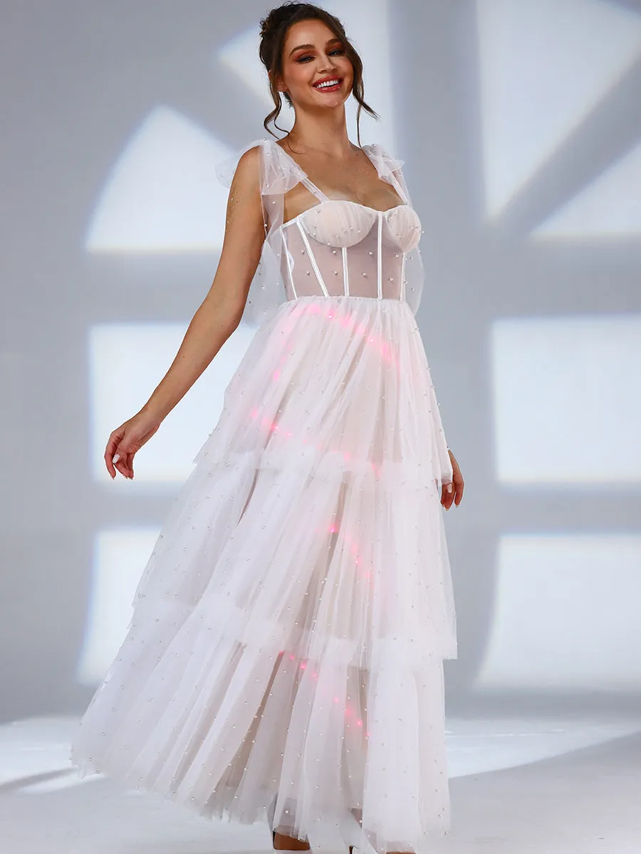 Tulle Tie Shoulder Wedding Dress Layered A-line