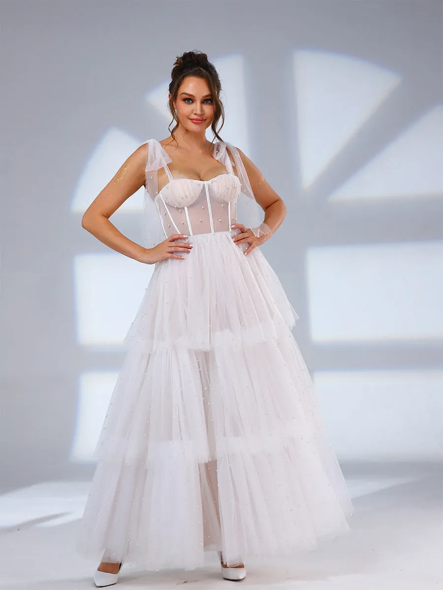 Tulle Tie Shoulder Wedding Dress Layered A-line