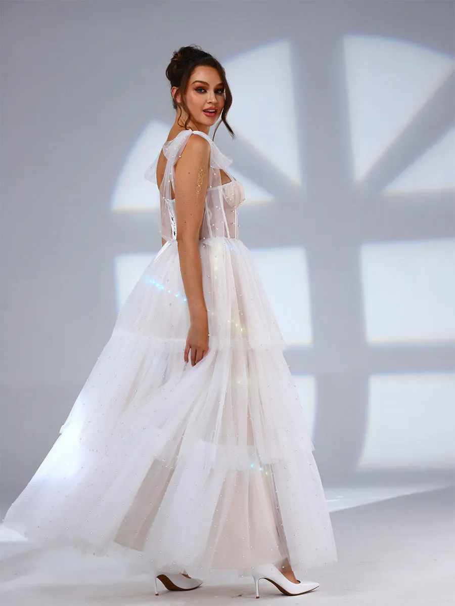 Tulle Tie Shoulder Wedding Dress Layered A-line