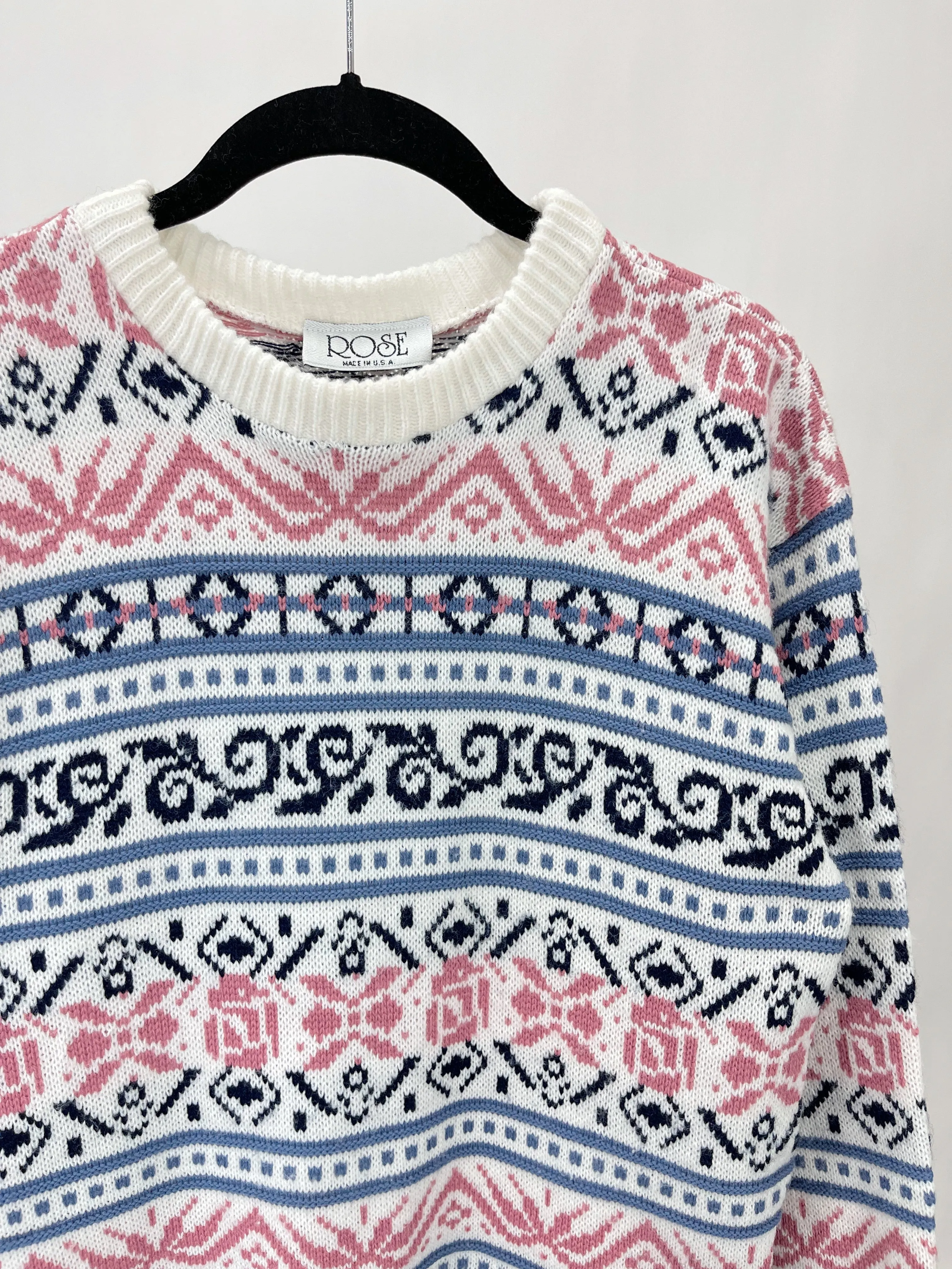 Vintage Rose Pink & Purple Patterned Crewneck Sweater (S/M)