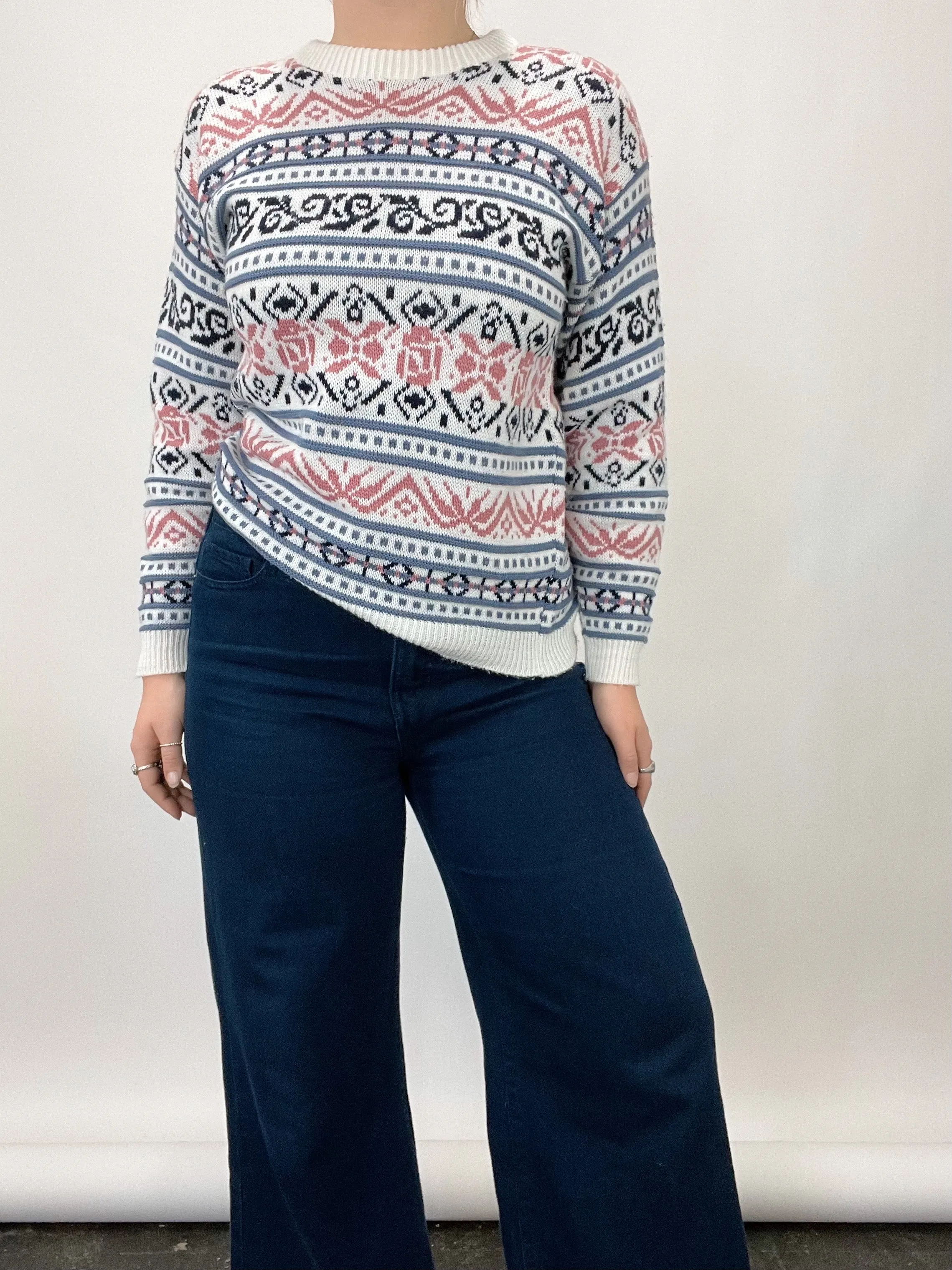 Vintage Rose Pink & Purple Patterned Crewneck Sweater (S/M)