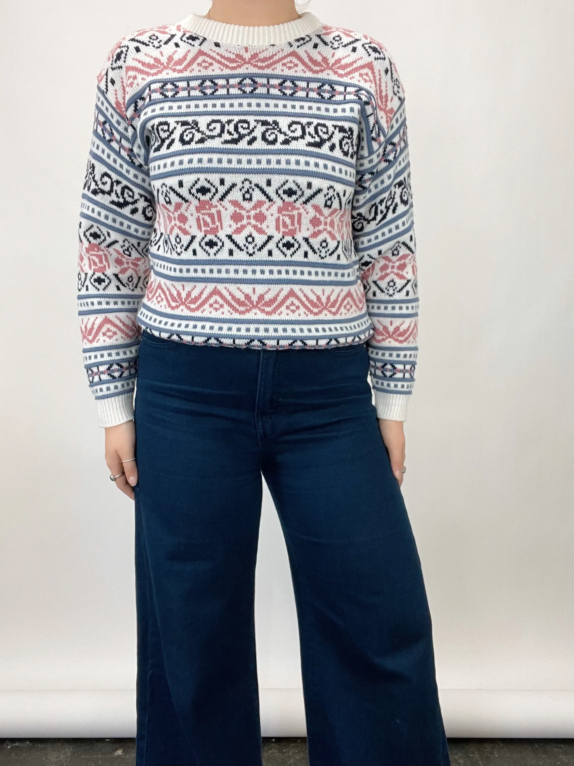 Vintage Rose Pink & Purple Patterned Crewneck Sweater (S/M)